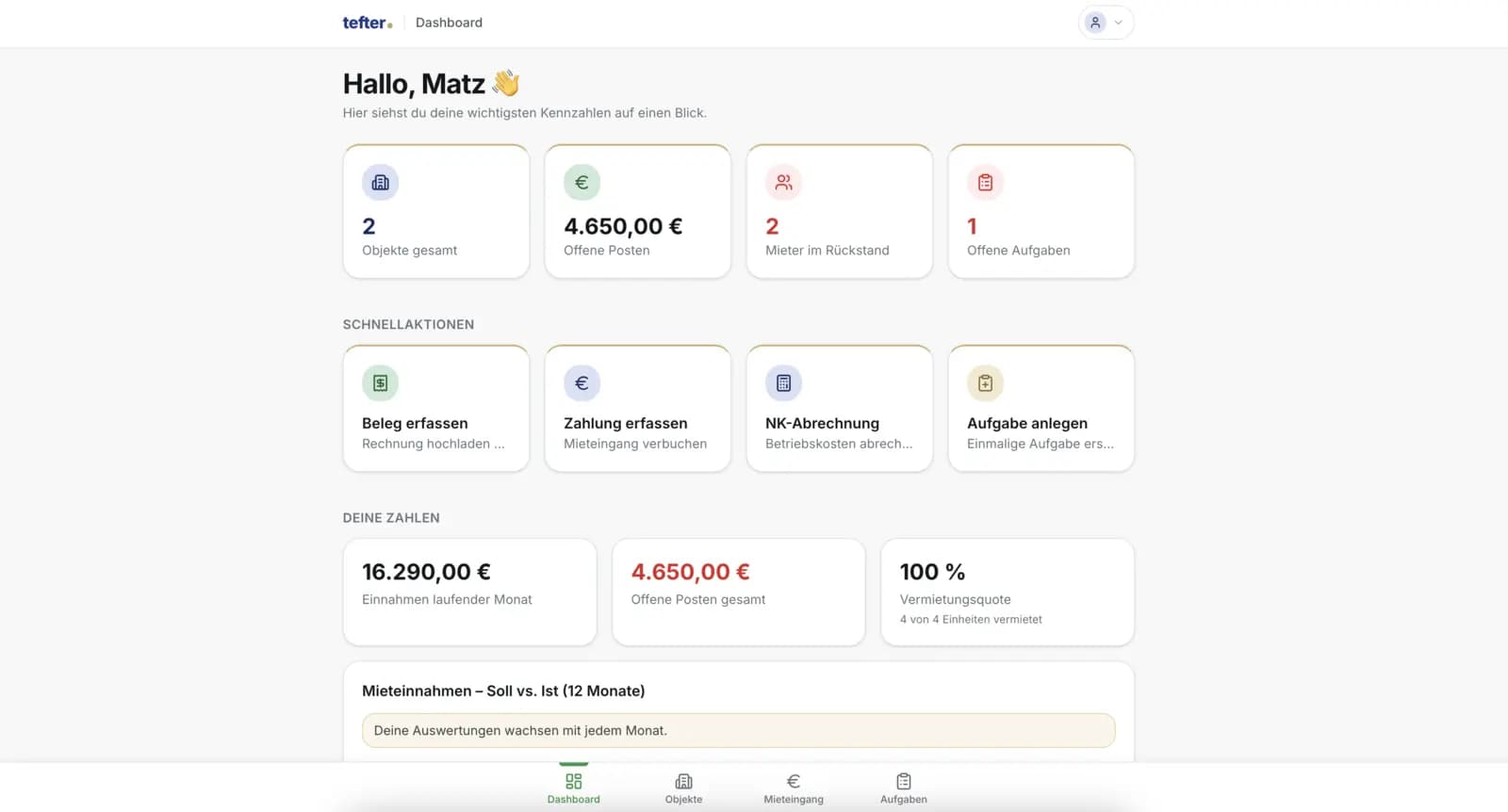 tefter Dashboard – Kennzahlen, Schnellaktionen und Mieteinnahmen auf einen Blick